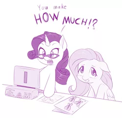 Size: 900x866 | Tagged: safe, artist:dstears, derpibooru import, fluttershy, rarity, pegasus, pony, unicorn, blushing, computer, dialogue, duo, embarrassed, female, floppy ears, folder, glasses, grin, horse taxes, keyboard, looking at something, looking away, mare, monitor, monochrome, open mouth, paper, rich, shocked, simple background, smiling, squee, surprised, taxes, white background, wide eyes