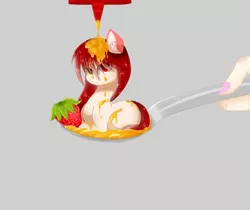 Size: 1024x860 | Tagged: safe, artist:little-sketches, derpibooru import, oc, oc:sora, unofficial characters only, earth pony, human, pony, eye clipping through hair, female, food, hand, horse spooning meme, looking at you, mare, meme, micro, ponies in food, saki, simple background, spoon, strawberry, tiny ponies, unamused