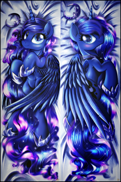 Size: 2000x3000 | Tagged: safe, artist:ruhisu, derpibooru import, princess luna, alicorn, pony, blushing, body pillow, body pillow design, cute, female, hoof shoes, looking at you, lunabetes, lying down, mare, on back, side, smiling, solo