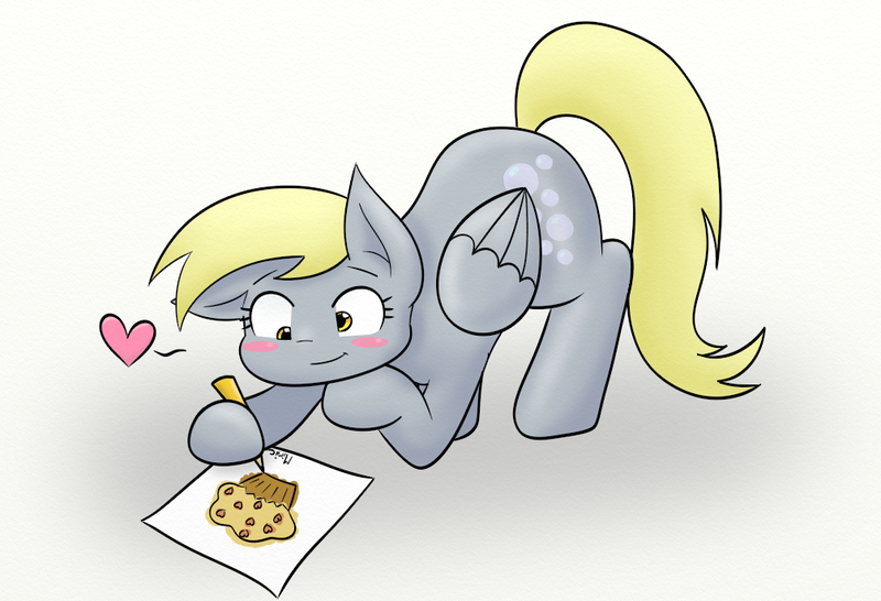 Size: 1006x686 | Tagged: safe, artist:mimicproductions, derpibooru import, derpy hooves, pegasus, pony, cute, derpabetes, drawing, face down ass up, female, heart, hoof hold, mare, muffin, simple background, solo, that pony sure does love muffins, white background