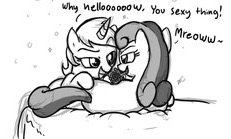 Size: 231x139 | Tagged: suggestive, artist:mickeymonster, derpibooru import, edit, bon bon, lyra heartstrings, sweetie drops, bedroom eyes, dialogue, female, flower, flower in mouth, grayscale, grin, lesbian, looking at each other, lying down, lyrabon, monochrome, mouth hold, picture for breezies, shipping, side, simple background, smiling, white background