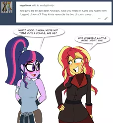 Size: 639x700 | Tagged: safe, artist:jase1505, deleted from derpibooru, derpibooru import, sci-twi, sunset shimmer, twilight sparkle, series:sunlight horizons, equestria girls, asami sato, bae, bedroom eyes, blushing, clothes, costume, crossover, cute, dialogue, female, glasses, grin, hand on hip, korra, korrasami, lesbian, scitwishimmer, shipping, simple background, smiling, sunsetsparkle, the legend of korra, tumblr, twiabetes, white background