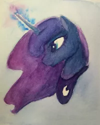 Size: 800x1000 | Tagged: safe, artist:lollipony, derpibooru import, princess luna, alicorn, pony, bust, female, glowing horn, horn, jewelry, magic, mare, portrait, profile, regalia, simple background, solo, tiara, traditional art, watercolor painting, white background