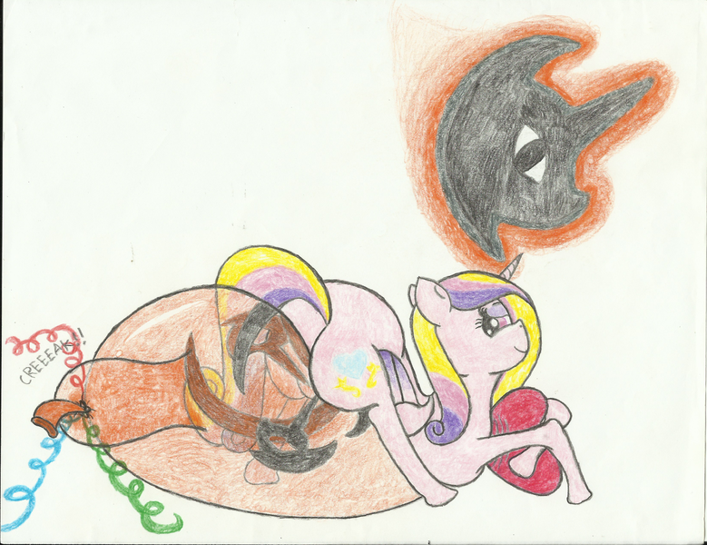 Size: 3312x2550 | Tagged: artist:th3ph0b1ap0n3, balloon, balloon fetish, balloon popping, balloon sitting, colored pencil drawing, derpibooru import, fetish, looking back, nightmare night symbol, plot, princess cadance, suggestive, the ass was fat, traditional art