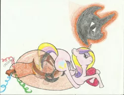 Size: 3312x2550 | Tagged: artist:th3ph0b1ap0n3, balloon, balloon fetish, balloon popping, balloon sitting, colored pencil drawing, derpibooru import, fetish, looking back, nightmare night symbol, plot, princess cadance, suggestive, the ass was fat, traditional art