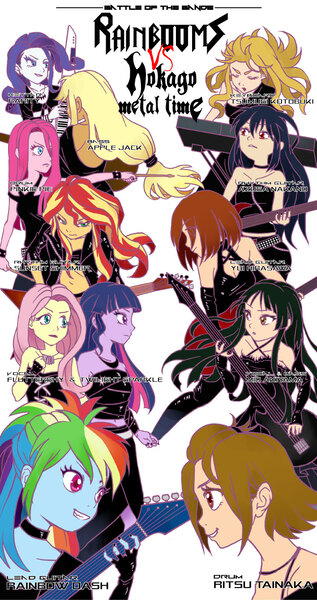 Size: 708x1342 | Tagged: safe, artist:m.y., derpibooru import, applejack, fluttershy, pinkie pie, rainbow dash, rarity, sunset shimmer, twilight sparkle, equestria girls, akiyama mio, battle of the bands, blackletter, crossover, electric guitar, guitar, heavy metal, hirasawa yui, humane five, humane seven, humane six, k-on, keyboard, kotobuki tsumugi, metal, nakano azusa, pixiv, simple background, sunset shredder, tainaka ritsu