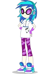 Size: 1030x1546 | Tagged: safe, derpibooru import, official, vinyl scratch, equestria girls, clothes, fingerless gloves, glasses, gloves, hand on hip, headphones, leggings, music notes, shoes, simple background, sneakers, solo, transparent background, vector