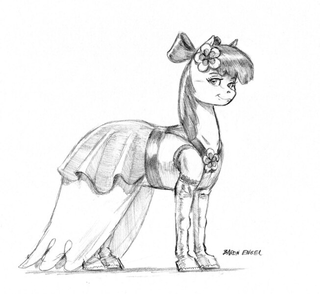 Size: 1400x1287 | Tagged: safe, artist:baron engel, derpibooru import, apple bloom, earth pony, pony, bow, clothes, dress, female, filly, grayscale, hair bow, looking at you, monochrome, pencil drawing, simple background, sketch, smiling, solo, traditional art, white background