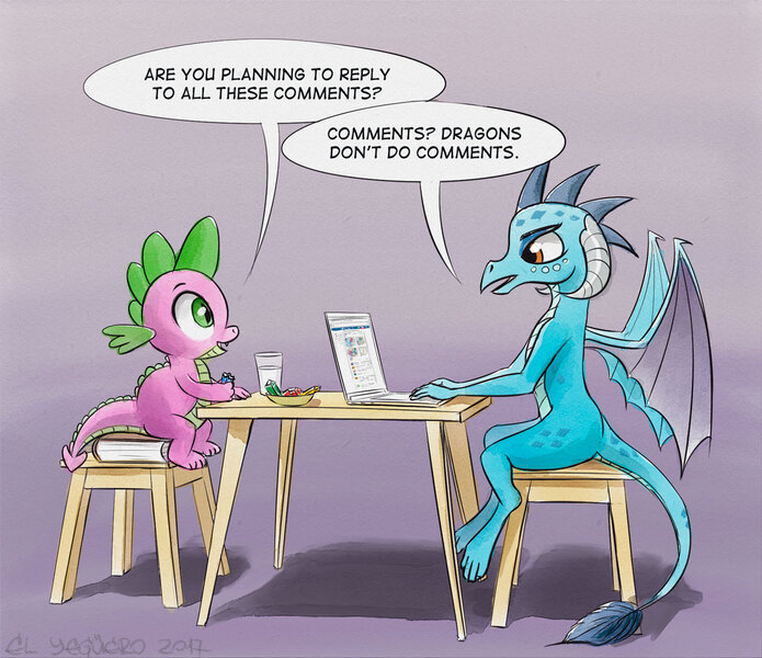 Size: 1121x968 | Tagged: artist:el-yeguero, book, bowl, comic, computer, derpibooru import, dialogue, dragon, gem, glass, just friends, laptop computer, looking at each other, milk, open mouth, princess ember, safe, sitting, smiling, spike, spread wings, stool, table, wings