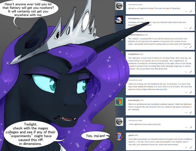 Size: 3960x3060 | Tagged: safe, artist:silfoe, derpibooru import, nightmare moon, alicorn, pony, moonsetmlp, alternate universe, crown, dialogue, female, implied twilight sparkle, jewelry, mare, offscreen character, regalia, solo, tumblr