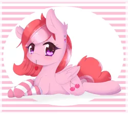 Size: 2933x2620 | Tagged: safe, artist:togeticisa, derpibooru import, oc, oc:cherry splash, unofficial characters only, pegasus, pony, cherry, clothes, female, food, mare, prone, socks, solo, striped socks