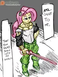 Size: 960x1260 | Tagged: safe, artist:smudge proof, derpibooru import, fluttershy, equestria girls, badass, clothes, cosplay, costume, escanor, escanor the lion sin of pride, flutterbadass, muscles, patreon, patreon logo, praise the sun, seven deadly sins, the seven deadly sins, this will end in tears and/or death
