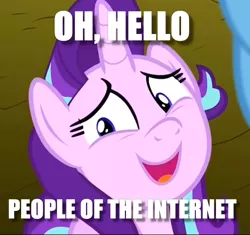 Size: 736x692 | Tagged: safe, derpibooru import, edit, edited screencap, screencap, starlight glimmer, pony, unicorn, no second prances, abashed, breaking the fourth wall, cropped, female, fourth wall, hello, image macro, looking at you, mare, meme, open mouth, smiling, solo, surprised, talking, uncertain