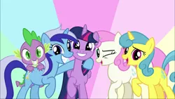 Size: 1920x1080 | Tagged: safe, derpibooru import, screencap, lemon hearts, minuette, spike, twilight sparkle, twilight sparkle (alicorn), twinkleshine, alicorn, dragon, pony, unicorn, amending fences, grin, looking at you, one eye closed, raised hoof, smiling, wink