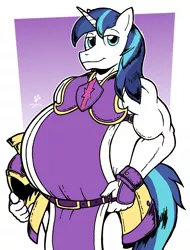 Size: 1067x1406 | Tagged: safe, artist:duragan, derpibooru import, shining armor, anthro, unicorn, armor, belly, belt, bhm, bipedal, captain, fat, handsome, musclegut, royal guard, shining blubber, smug, solo, tight clothing, weight gain