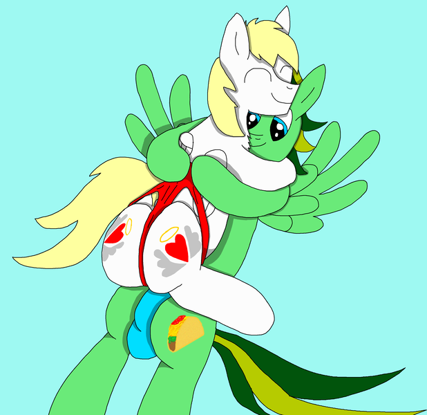 Size: 3116x3024 | Tagged: questionable, artist:tacomytaco, derpibooru import, oc, oc:taco.m.tacoson, unofficial characters only, pegasus, pony, both cutie marks, briefs, clothes, crotch bulge, hug, plot, spread wings, underwear, wedgie, wingboner, wings