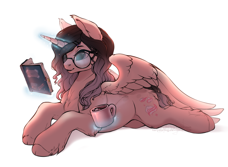 Size: 1518x1109 | Tagged: safe, artist:kerydarling, derpibooru import, oc, unofficial characters only, alicorn, pony, alicorn oc, book, chest fluff, coffee, commission, fluffy, glasses, lying down, magic, prone, reading, solo, spread wings, unshorn fetlocks, wings