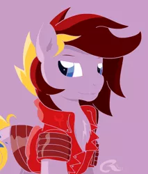 Size: 1090x1280 | Tagged: safe, artist:stec-corduroyroad, derpibooru import, oc, oc:corduroy road, unofficial characters only, earth pony, pony, clothes, cutie mark, digital art, jacket, long mane, looking at you, male, pink, red, smiling, stallion