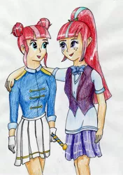 Size: 2081x2964 | Tagged: safe, artist:40kponyguy, derpibooru import, majorette, sour sweet, sweeten sour, equestria girls, friendship games, baton, clothes, crystal prep academy uniform, cute, female, gloves, looking at each other, pleated skirt, ponytail, requested art, school uniform, simple background, sisters, skirt, sweetly and sourly, traditional art, twin sisters, white background