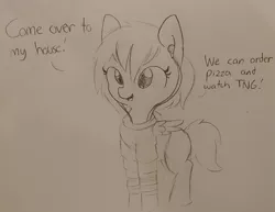 Size: 1280x986 | Tagged: safe, artist:tjpones, derpibooru import, oc, unofficial characters only, pegasus, pony, black and white, clothes, dialogue, earbuds, grayscale, lineart, monochrome, solo, star trek, star trek: the next generation, traditional art