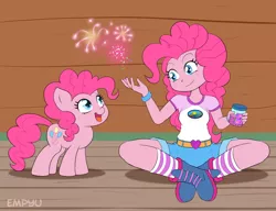 Size: 1000x767 | Tagged: safe, artist:empyu, derpibooru import, pinkie pie, pony, equestria girls, legend of everfree, belt buckle, boots, bracelet, camp everfree outfits, chibi, clothes, cute, diapinkes, duality, heart, human ponidox, jewelry, open mouth, self ponidox, shorts, sitting, socks, striped socks