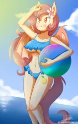 Size: 1504x2396 | Tagged: suggestive, artist:the-butch-x, derpibooru import, oc, oc:peach blossom, unofficial characters only, anthro, bat pony, adorasexy, anthro oc, beach, beach ball, belly button, bikini, breasts, cleavage, clothes, cloud, cute, fangs, female, flower, flower in hair, frilled swimsuit, mare, ocean, sexy, sky, slit eyes, smiling, solo, solo female, sunlight, swimsuit, underboob, water