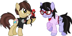 Size: 2508x1263 | Tagged: safe, artist:lightningbolt, derpibooru import, oc, oc:mave, ponified, alp-luachra, earth pony, original species, pony, unicorn, .svg available, 3:, backing away, badumsquish approved, brendon urie, casual, clothes, cute, cutie mark, excited, eye contact, female, frown, glasses, hair over one eye, happy, hoodie, hoof hold, lidded eyes, long mane, long tail, looking at each other, male, nervous, open mouth, panic! at the disco, raised hoof, raised leg, ryan ross, scared, shirt, simple background, sitting, size difference, smiling, stallion, standing, svg, t-shirt, tail between legs, transparent background, trio, underhoof, undershirt, vector, worried, zipper