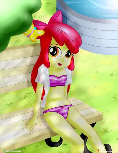 Size: 1500x1942 | Tagged: safe, artist:dieart77, derpibooru import, apple bloom, butterfly, equestria girls, adorabloom, belly button, bikini, bow, clothes, cute, female, fountain, hair bow, image, jpeg, looking at you, multiple variants, needs more jpeg, open clothes, open mouth, smiling, solo, swimsuit