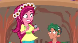 Size: 1100x618 | Tagged: safe, derpibooru import, edit, edited screencap, screencap, gloriosa daisy, timber spruce, equestria girls, legend of everfree, amazon, flower, flower in hair, microphone, size difference