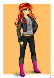 Size: 1250x1800 | Tagged: safe, artist:cosmicponye, derpibooru import, sunset shimmer, equestria girls, belly button, boots, clothes, female, high heel boots, jacket, leather jacket, looking at you, midriff, necklace, new outfit, pants, pendant, signature, solo