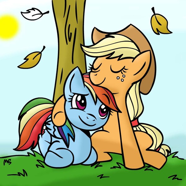 Size: 945x945 | Tagged: safe, artist:mast88, artist:megasweet, color edit, derpibooru import, edit, applejack, rainbow dash, earth pony, pegasus, pony, appledash, artifact, colored, female, hug, lesbian, outdoors, shipping, tree