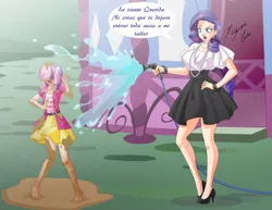 Size: 1024x791 | Tagged: safe, artist:shinta-girl, derpibooru import, rarity, sweetie belle, equestria girls, barefoot, boots, bracelet, carousel boutique, clothes, duo, duo female, equestria girls outfit, feet, female, hand on hip, high heel boots, high heels, hose, jewelry, mud, necklace, one eye closed, sisters, skirt, spanish, water, wet hair