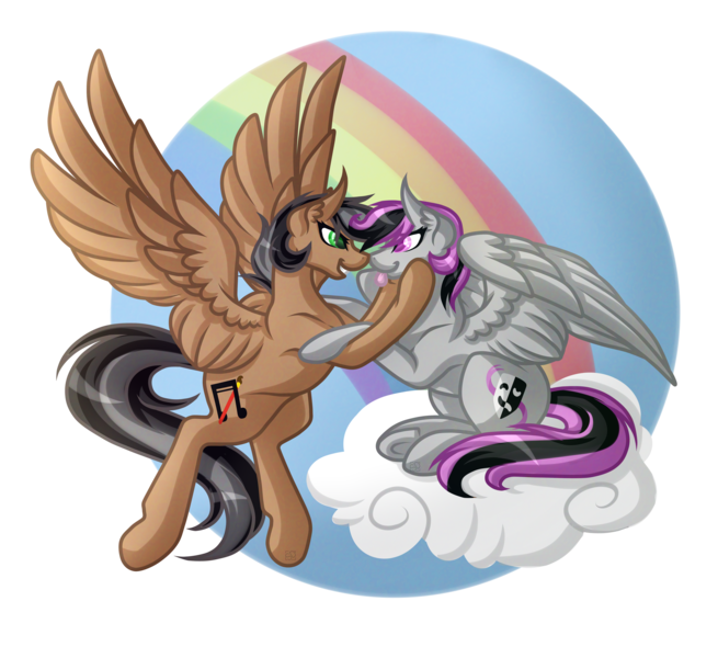 Size: 6000x5500 | Tagged: safe, artist:amazing-artsong, derpibooru import, oc, oc:artsong, oc:thespia, unofficial characters only, pegasus, pony, absurd resolution, female, flying, lesbian, mare, oc x oc, rainbow, shipping, spread wings, tongue out, wings
