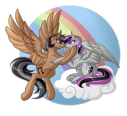 Size: 6000x5500 | Tagged: safe, artist:amazing-artsong, derpibooru import, oc, oc:artsong, oc:thespia, unofficial characters only, pegasus, pony, absurd resolution, female, flying, lesbian, mare, oc x oc, rainbow, shipping, spread wings, tongue out, wings