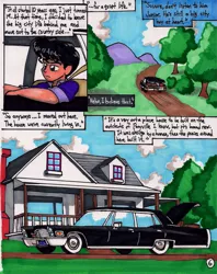 Size: 1394x1759 | Tagged: artist:newyorkx3, car, comic, comic:young days, derpibooru import, dialogue, house, human, oc, oc:tommy, safe, solo, traditional art, unofficial characters only