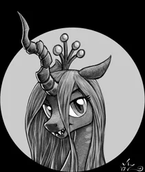 Size: 2400x2850 | Tagged: artist:amarynceus, bust, changeling, changeling queen, derpibooru import, fangs, grayscale, looking at you, monochrome, portrait, queen chrysalis, safe, slit eyes, smiling, solo