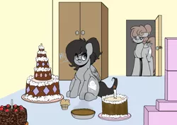 Size: 1280x907 | Tagged: safe, artist:blah-blah-turner, derpibooru import, oc, oc:cristice, unofficial characters only, pegasus, pony, cake, food, muffin, pie, smiling, unamused