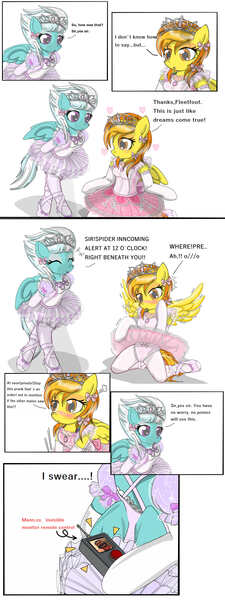 Size: 2550x6800 | Tagged: suggestive, artist:avchonline, derpibooru import, fleetfoot, spitfire, pegasus, pony, semi-anthro, absurd resolution, ballerina, ballet slippers, bipedal, blushing, bow, cameltoe, canterlot royal ballet academy, clothes, comic, dress, engrish, evening gloves, female, females only, flower pattern underwear, frilly underwear, gloves, hair bow, hello kitty, jewelry, long gloves, makeup, mare, panties, pantyhose, pink underwear, ribbon, sanrio, skirt, team fortress 2, tiara, tomboy taming, tutu, u mad, underwear, upskirt