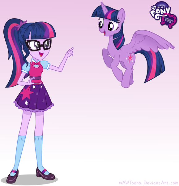 Size: 3751x3889 | Tagged: safe, artist:wawtoons, derpibooru import, sci-twi, twilight sparkle, twilight sparkle (alicorn), alicorn, human, pony, equestria girls, bowtie, clothes, glasses, human ponidox, mary janes, my little pony logo, pointing, ponytail, self ponidox, shoes, skirt, socks, twolight, vector, wings