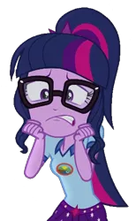 Size: 346x561 | Tagged: safe, derpibooru import, edit, edited screencap, screencap, sci-twi, twilight sparkle, equestria girls, legend of everfree, background removed, camp everfree outfits, clothes, cropped, female, glasses, not a vector, scared, shorts, simple background, solo, transparent background