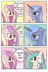 Size: 1341x2000 | Tagged: safe, artist:plotcore, derpibooru import, princess cadance, princess celestia, princess luna, alicorn, pony, comic, dialogue, extra fabulous comics, floppy ears, parody, s1 luna, sad