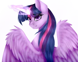 Size: 1000x800 | Tagged: safe, artist:minelvi, artist:montyowl, derpibooru import, twilight sparkle, twilight sparkle (alicorn), alicorn, pony, collaboration, female, glowing horn, mare, simple background, solo, spread wings, transparent background, wings