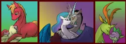 Size: 1024x361 | Tagged: safe, artist:pampoke, derpibooru import, big macintosh, discord, fluttershy, princess celestia, spike, thorax, alicorn, changedling, changeling, dragon, earth pony, pegasus, pony, boop, cuddling, dislestia, eyes closed, fluttermac, gay, king thorax, lidded eyes, looking at each other, looking down, looking up, male, noseboop, nuzzling, on back, prone, shipping, smiling, spread wings, straight, thoraxspike, wings