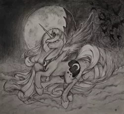 Size: 4643x4249 | Tagged: absurd resolution, artist:skrapbox, bat, cloud, derpibooru import, flying, grayscale, monochrome, moon, princess luna, safe, solo, traditional art