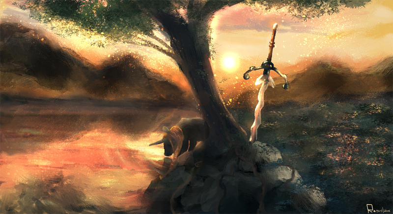 Size: 1942x1059 | Tagged: artist:retsu-the-pony, derpibooru import, flamberge, lake, mountain, oc, oc:retsu, safe, scenery, solo, sunset, sword, tree, under the tree, unofficial characters only, weapon