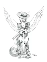 Size: 1100x1456 | Tagged: anthro, artist:baron engel, derpibooru import, female, grayscale, gun, hat, monochrome, pegasus, pencil drawing, safe, scootaloo, scooter, signature, simple background, solo, traditional art, unguligrade anthro, weapon, western, white background