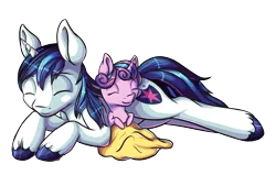 Size: 1739x1103 | Tagged: safe, artist:itresad, derpibooru import, princess flurry heart, shining armor, alicorn, pony, unicorn, baby, baby pony, blanket, duo, father and daughter, male, simple background, sleeping, stallion, transparent background