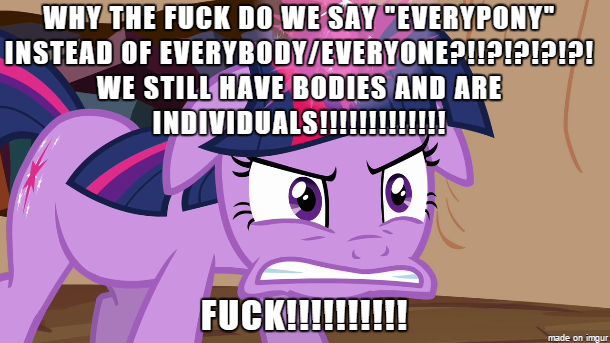 Size: 610x343 | Tagged: safe, derpibooru import, edit, edited screencap, screencap, twilight sparkle, pony, unicorn, angry, excessive exclamation marks, image macro, meme, mouthpiece, question, unintentionally hilarious, vulgar