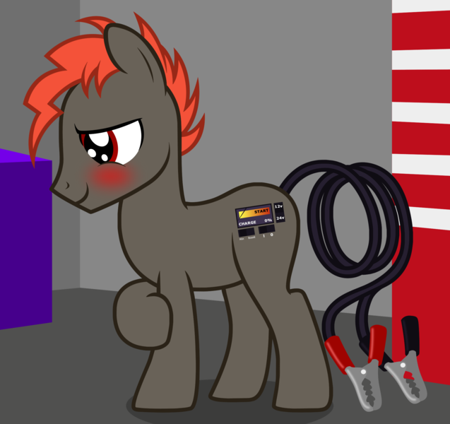 Size: 1974x1858 | Tagged: safe, artist:badumsquish, derpibooru import, oc, ponified, unofficial characters only, battery charger pony, object pony, original species, pony, augmented tail, battery charger, blushing, garage, looking away, male, shop, shy, solo