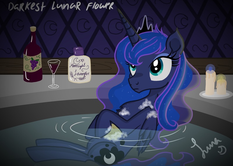 Size: 4583x3273 | Tagged: absurd resolution, alcohol, artist:darkest-lunar-flower, bath, bathing, bathtub, bubble, candle, chest fluff, derpibooru import, glass, hilarious in hindsight, princess luna, safe, soap, water, wine, wine bottle, wine glass